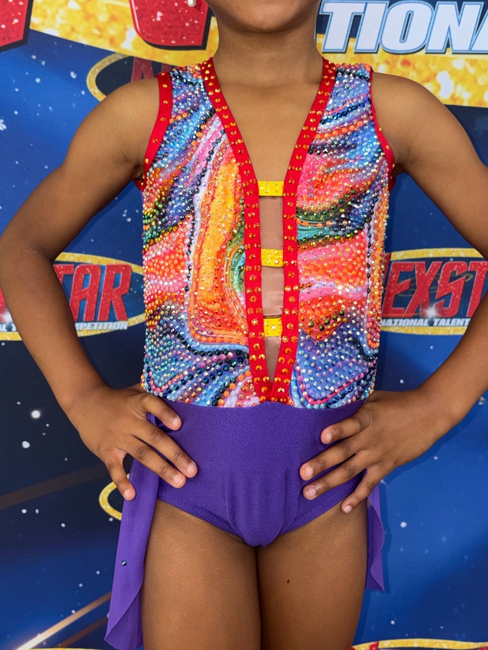 Heavily Rhinestoned Girls' Multicolor & Purple Dance Costume with Red Trim
